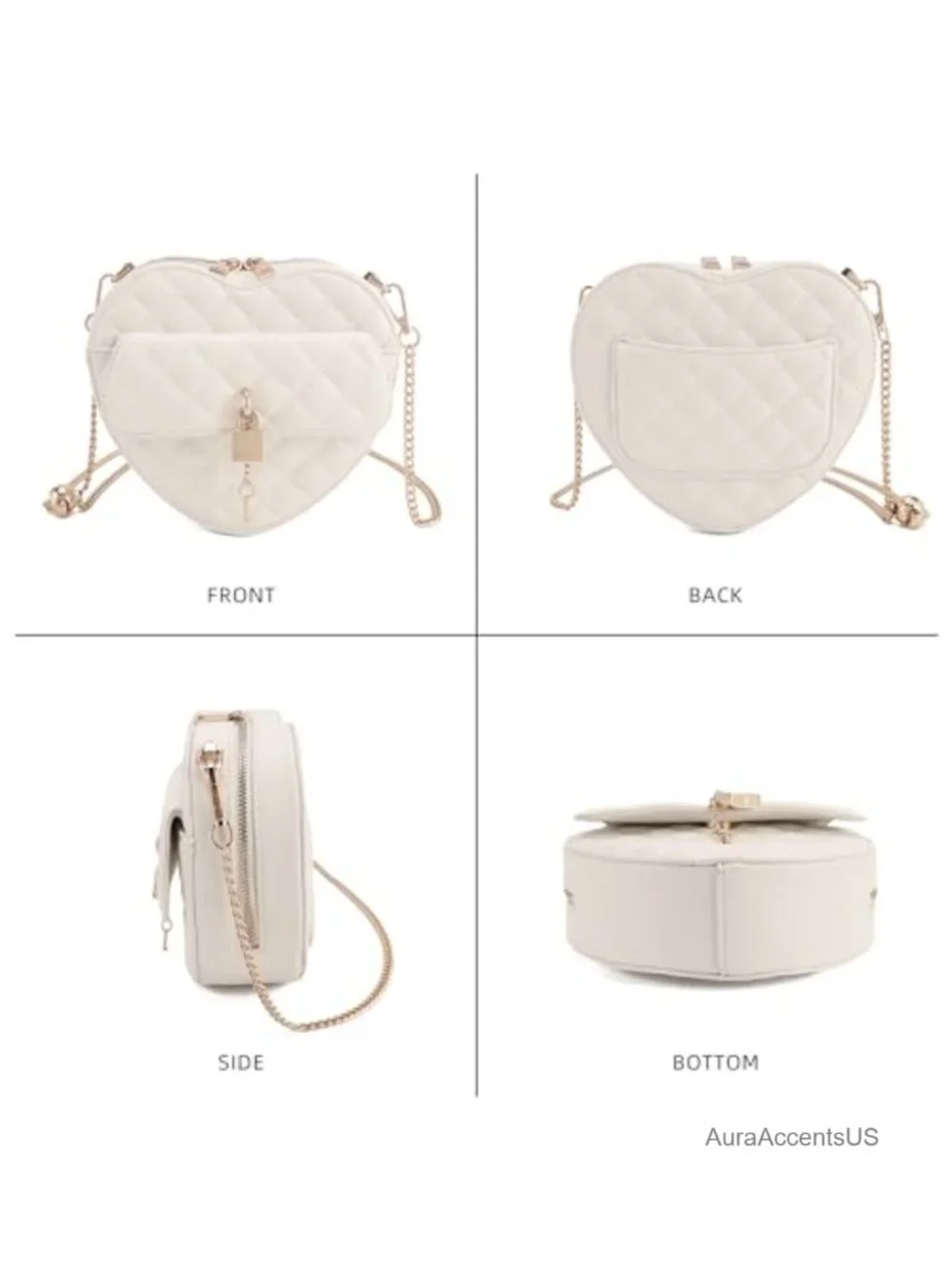 Quilted Heart Crossbody Purse with Chain Strap - Vegan Leather Handbag